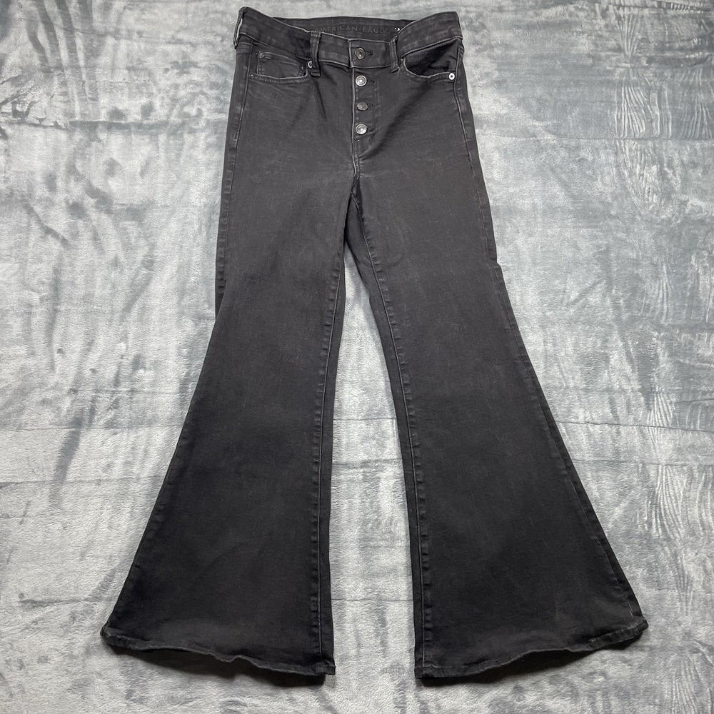 American Eagle Jeans Womens 8 Short Festival Flare Low Rise Black Button Fly